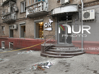 Shop windows knocked out by a Russian strike on the city center are seen in Dnipro, Ukraine, on October 26, 2024. (