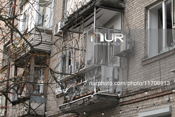 A balcony of an apartment building is damaged by a Russian strike in central Dnipro, Ukraine, on October 26, 2024. NO USE RUSSIA. NO USE BEL...