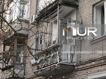 A balcony of an apartment building is damaged by a Russian strike in central Dnipro, Ukraine, on October 26, 2024. NO USE RUSSIA. NO USE BEL...