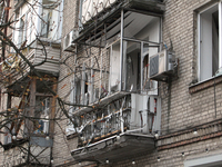 A balcony of an apartment building is damaged by a Russian strike in central Dnipro, Ukraine, on October 26, 2024. NO USE RUSSIA. NO USE BEL...