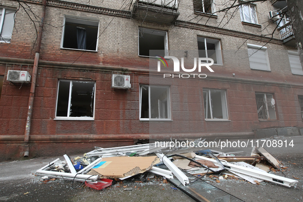 Windows in an apartment building are knocked out by a Russian strike on the city center in Dnipro, Ukraine, on October 26, 2024. 