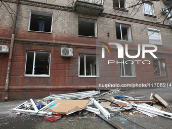 Windows in an apartment building are knocked out by a Russian strike on the city center in Dnipro, Ukraine, on October 26, 2024. (