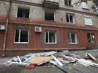 Windows in an apartment building are knocked out by a Russian strike on the city center in Dnipro, Ukraine, on October 26, 2024. (