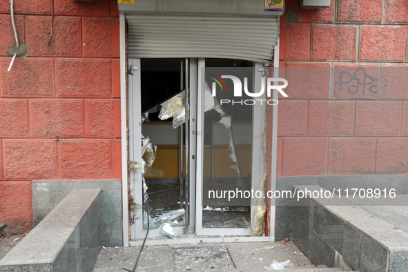 A glass door is damaged by a Russian strike in central Dnipro, Ukraine, on October 26, 2024. NO USE RUSSIA. NO USE BELARUS. 