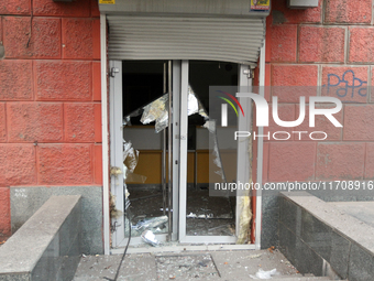 A glass door is damaged by a Russian strike in central Dnipro, Ukraine, on October 26, 2024. NO USE RUSSIA. NO USE BELARUS. (