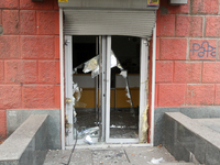 A glass door is damaged by a Russian strike in central Dnipro, Ukraine, on October 26, 2024. NO USE RUSSIA. NO USE BELARUS. (