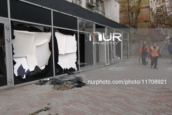 Shop windows knocked out by a Russian strike on the city center are seen in Dnipro, Ukraine, on October 26, 2024. 