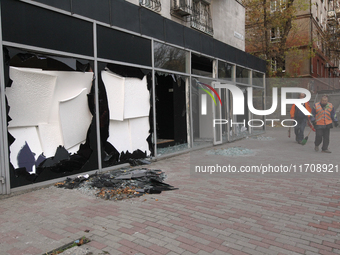 Shop windows knocked out by a Russian strike on the city center are seen in Dnipro, Ukraine, on October 26, 2024. (