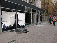 Shop windows knocked out by a Russian strike on the city center are seen in Dnipro, Ukraine, on October 26, 2024. (