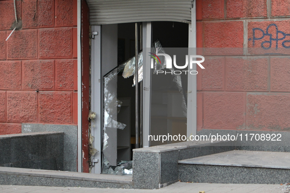 A glass door is damaged by a Russian strike in central Dnipro, Ukraine, on October 26, 2024. NO USE RUSSIA. NO USE BELARUS. 