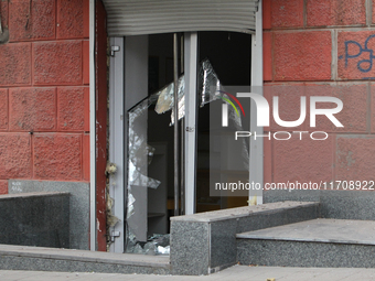 A glass door is damaged by a Russian strike in central Dnipro, Ukraine, on October 26, 2024. NO USE RUSSIA. NO USE BELARUS. (