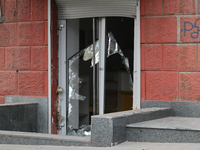 A glass door is damaged by a Russian strike in central Dnipro, Ukraine, on October 26, 2024. NO USE RUSSIA. NO USE BELARUS. (