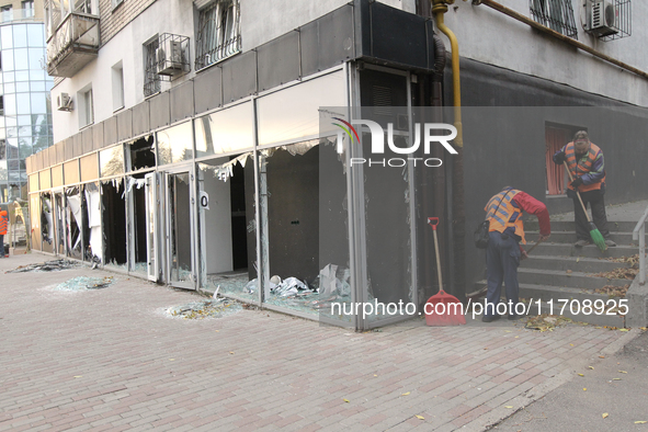 Shop windows knocked out by a Russian strike on the city center are seen in Dnipro, Ukraine, on October 26, 2024. 