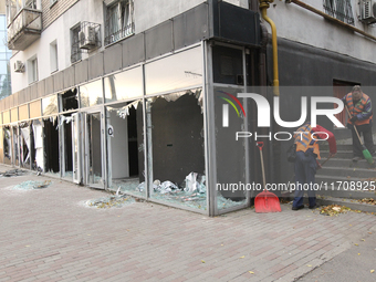 Shop windows knocked out by a Russian strike on the city center are seen in Dnipro, Ukraine, on October 26, 2024. (