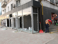 Shop windows knocked out by a Russian strike on the city center are seen in Dnipro, Ukraine, on October 26, 2024. (