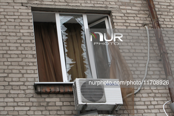 A window in an apartment building is knocked out by a Russian strike on the city center in Dnipro, Ukraine, on October 26, 2024. NO USE RUSS...