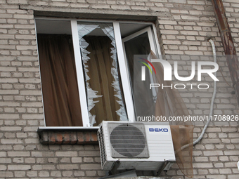 A window in an apartment building is knocked out by a Russian strike on the city center in Dnipro, Ukraine, on October 26, 2024. NO USE RUSS...