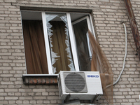 A window in an apartment building is knocked out by a Russian strike on the city center in Dnipro, Ukraine, on October 26, 2024. NO USE RUSS...