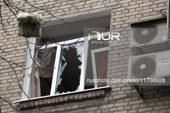 A window in an apartment building is knocked out by a Russian strike on the city center in Dnipro, Ukraine, on October 26, 2024. NO USE RUSS...