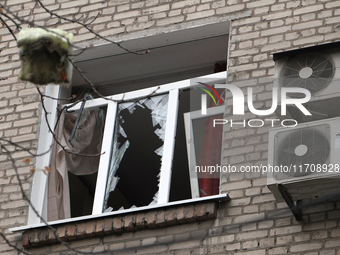 A window in an apartment building is knocked out by a Russian strike on the city center in Dnipro, Ukraine, on October 26, 2024. NO USE RUSS...