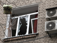 A window in an apartment building is knocked out by a Russian strike on the city center in Dnipro, Ukraine, on October 26, 2024. NO USE RUSS...