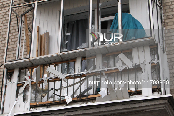 A balcony of an apartment building is damaged by a Russian strike in central Dnipro, Ukraine, on October 26, 2024. NO USE RUSSIA. NO USE BEL...