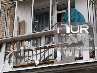 A balcony of an apartment building is damaged by a Russian strike in central Dnipro, Ukraine, on October 26, 2024. NO USE RUSSIA. NO USE BEL...