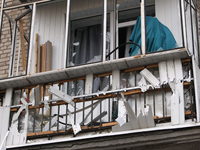 A balcony of an apartment building is damaged by a Russian strike in central Dnipro, Ukraine, on October 26, 2024. NO USE RUSSIA. NO USE BEL...