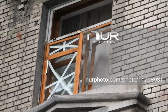 A window in an apartment building is knocked out by a Russian strike on the city center in Dnipro, Ukraine, on October 26, 2024. NO USE RUSS...