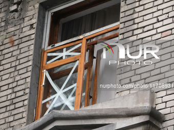 A window in an apartment building is knocked out by a Russian strike on the city center in Dnipro, Ukraine, on October 26, 2024. NO USE RUSS...