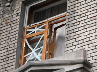 A window in an apartment building is knocked out by a Russian strike on the city center in Dnipro, Ukraine, on October 26, 2024. NO USE RUSS...