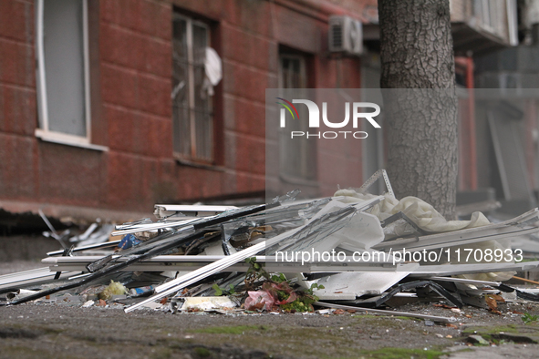 In Dnipro, Ukraine, on October 26, 2024, window frames are piled on the ground after a Russian strike on central Dnipro, east-central Ukrain...