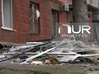 In Dnipro, Ukraine, on October 26, 2024, window frames are piled on the ground after a Russian strike on central Dnipro, east-central Ukrain...