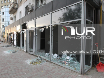 Shop windows knocked out by a Russian strike on the city center are seen in Dnipro, Ukraine, on October 26, 2024. (