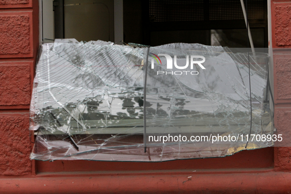 A shop window knocked out by a Russian strike on the city center is seen in Dnipro, Ukraine, on October 26, 2024. NO USE RUSSIA. NO USE BELA...