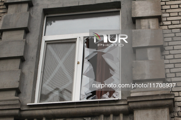 A window in an apartment building is knocked out by a Russian strike on the city center in Dnipro, Ukraine, on October 26, 2024. NO USE RUSS...