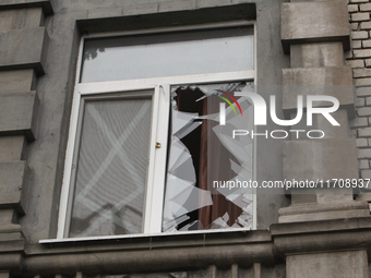 A window in an apartment building is knocked out by a Russian strike on the city center in Dnipro, Ukraine, on October 26, 2024. NO USE RUSS...