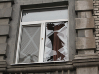 A window in an apartment building is knocked out by a Russian strike on the city center in Dnipro, Ukraine, on October 26, 2024. NO USE RUSS...