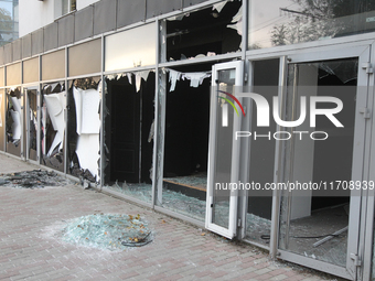 Shop windows knocked out by a Russian strike on the city center are seen in Dnipro, Ukraine, on October 26, 2024. (