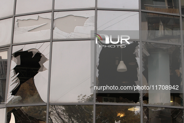 Windows knocked out by a Russian strike on the city center are seen in Dnipro, Ukraine, on October 26, 2024. NO USE RUSSIA. NO USE BELARUS. 