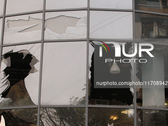 Windows knocked out by a Russian strike on the city center are seen in Dnipro, Ukraine, on October 26, 2024. NO USE RUSSIA. NO USE BELARUS....