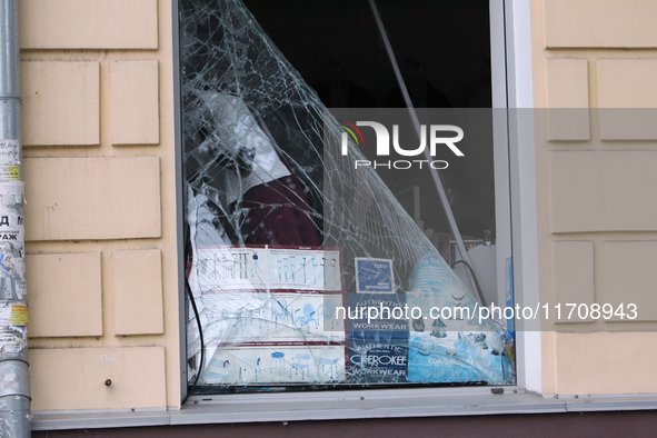 A shop window knocked out by a Russian strike on the city center is seen in Dnipro, Ukraine, on October 26, 2024. NO USE RUSSIA. NO USE BELA...