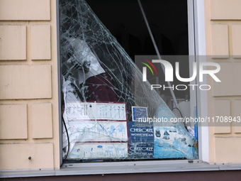 A shop window knocked out by a Russian strike on the city center is seen in Dnipro, Ukraine, on October 26, 2024. NO USE RUSSIA. NO USE BELA...