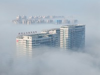 Buildings and real estate projects are seen in advection fog in Yantai, Shandong province, China, on October 26, 2024. (