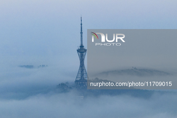 City buildings are seen in the clouds in the West Coast New Area of Qingdao, Shandong province, China, on October 26, 2024. 