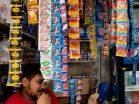 A shopkeeper sells Gutka and tobacco-added pan masala in a roadside shop in Kolkata, India, on October 26, 2024. A notification issued by th...