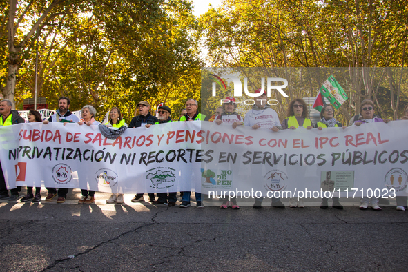 Thousands of people from all over Spain take part in a national demonstration in defense of the public pension system in Madrid, Spain, on O...