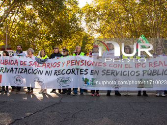 Thousands of people from all over Spain take part in a national demonstration in defense of the public pension system in Madrid, Spain, on O...