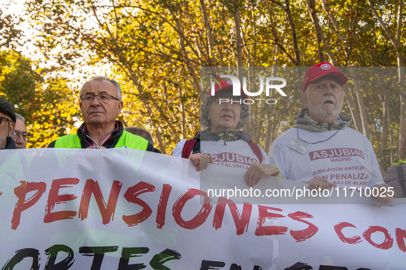 Thousands of people from all over Spain take part in a national demonstration in defense of the public pension system in Madrid, Spain, on O...