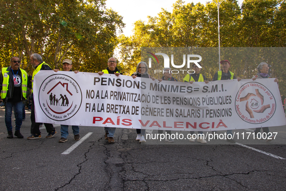 Thousands of people from all over Spain take part in a national demonstration in defense of the public pension system in Madrid, Spain, on O...